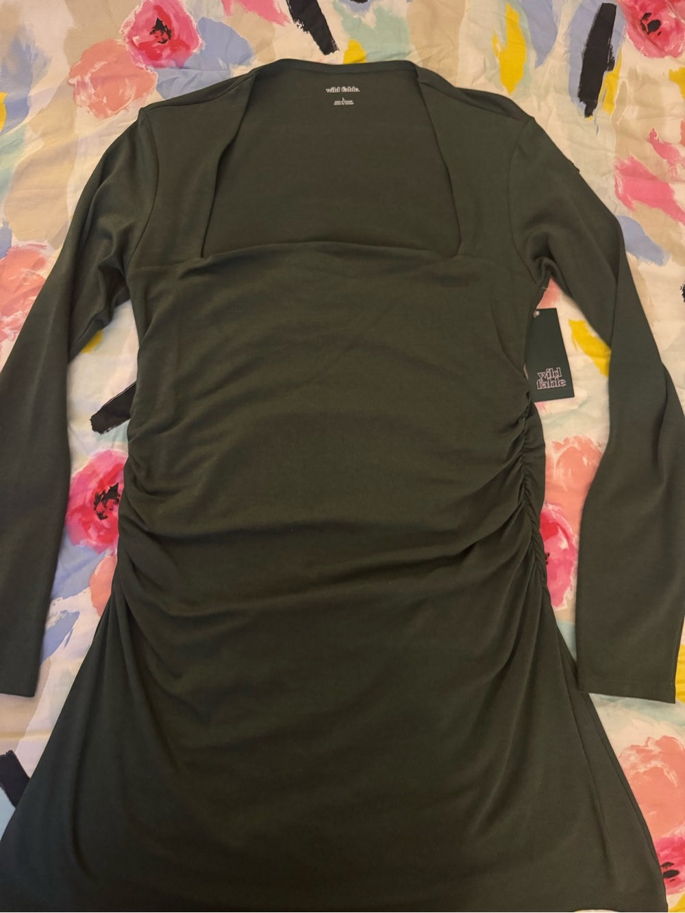 wild fable Olive Green Long Sleeve Ruched Square Neck Dress